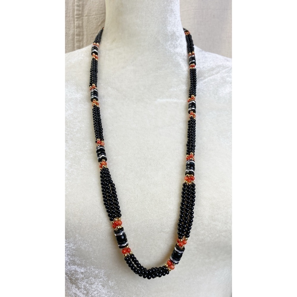 Black triple strand faux onyx and coral necklace long length